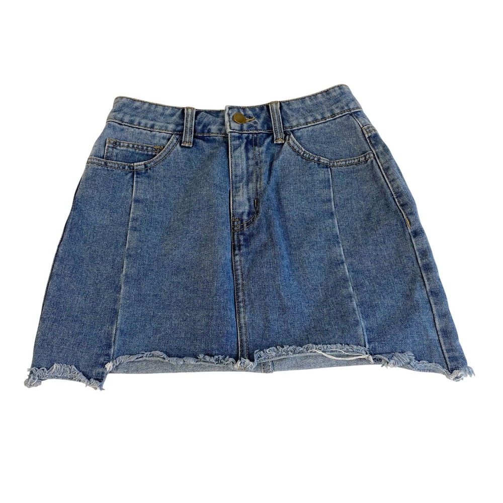 Forever 21 Denim Mini Skirt Paneled Seam Raw Hem‎ Blue Jean Womens S High Rise